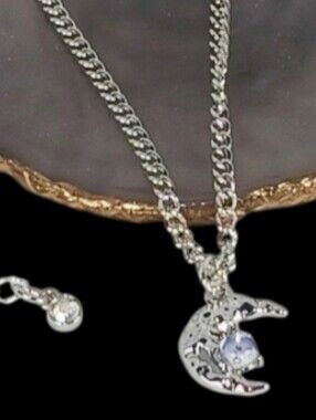 White Gold Choker Necklace Crescent Moon Charm New Age Grunge 90s Cosmic Space
